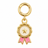 Gold rosette bag charm with a white center and pink enamel ribbons.