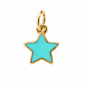 Gold star charm with turquoise enamel inlay for personalized keychains or jewelry.