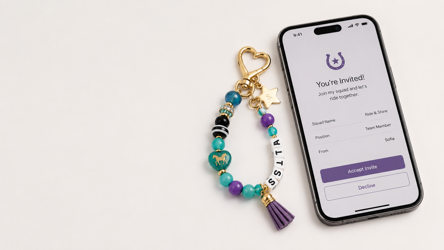 Personalized beaded keychain with horse charm and letter beads next to a smartphone.