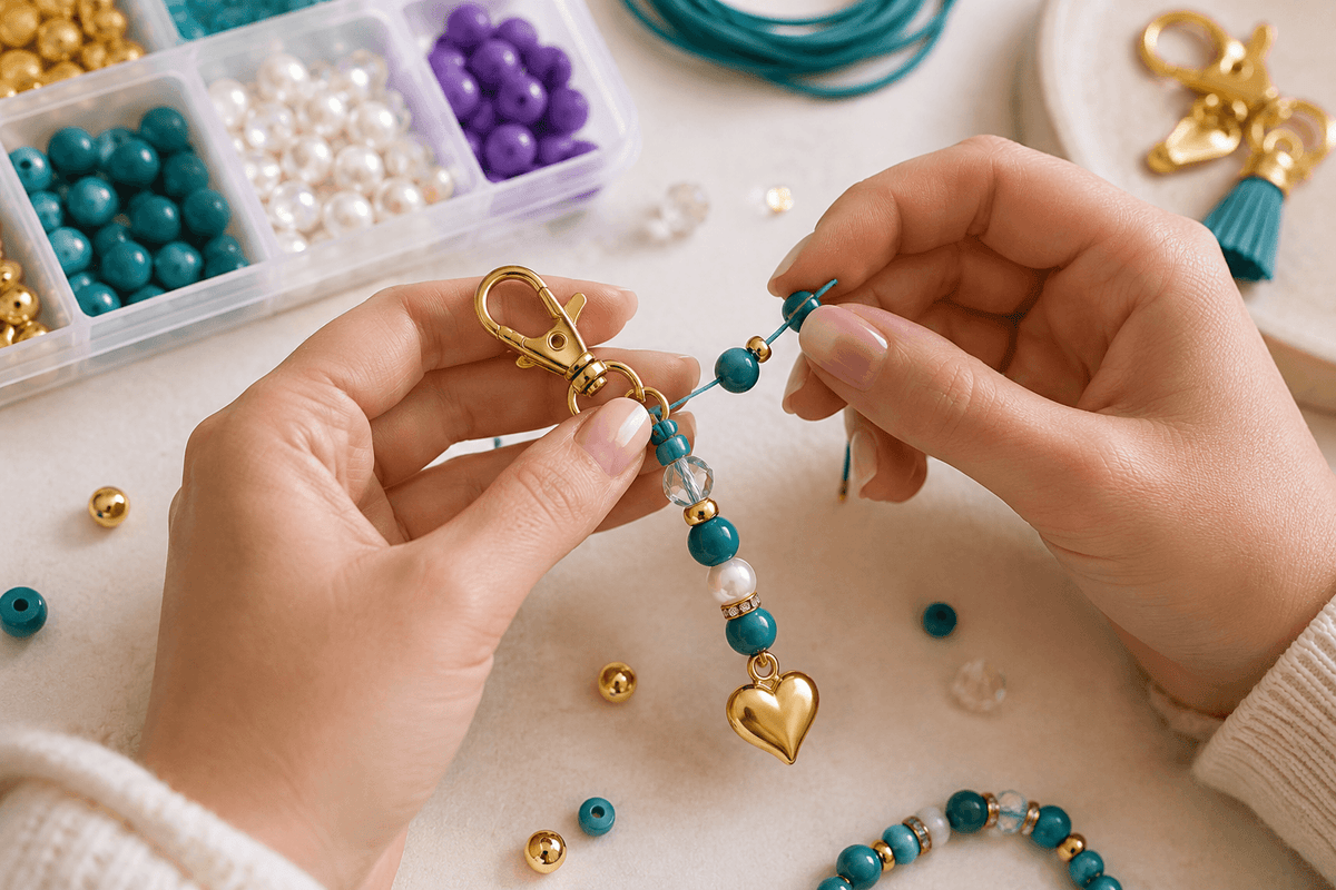 Customized Beaded Phone Strap - Teal and Clear with Gold Tone