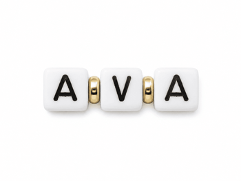 Three white square beads with black letters spell AVA