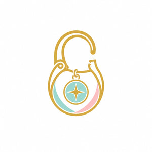 Gold equestrian-style stirrup keychain with a light blue and pink enamel star charm.