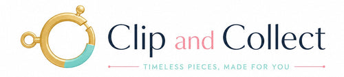 Clip and Collect logo featuring a gold circular ring pendant with a turquoise accent on a white background.